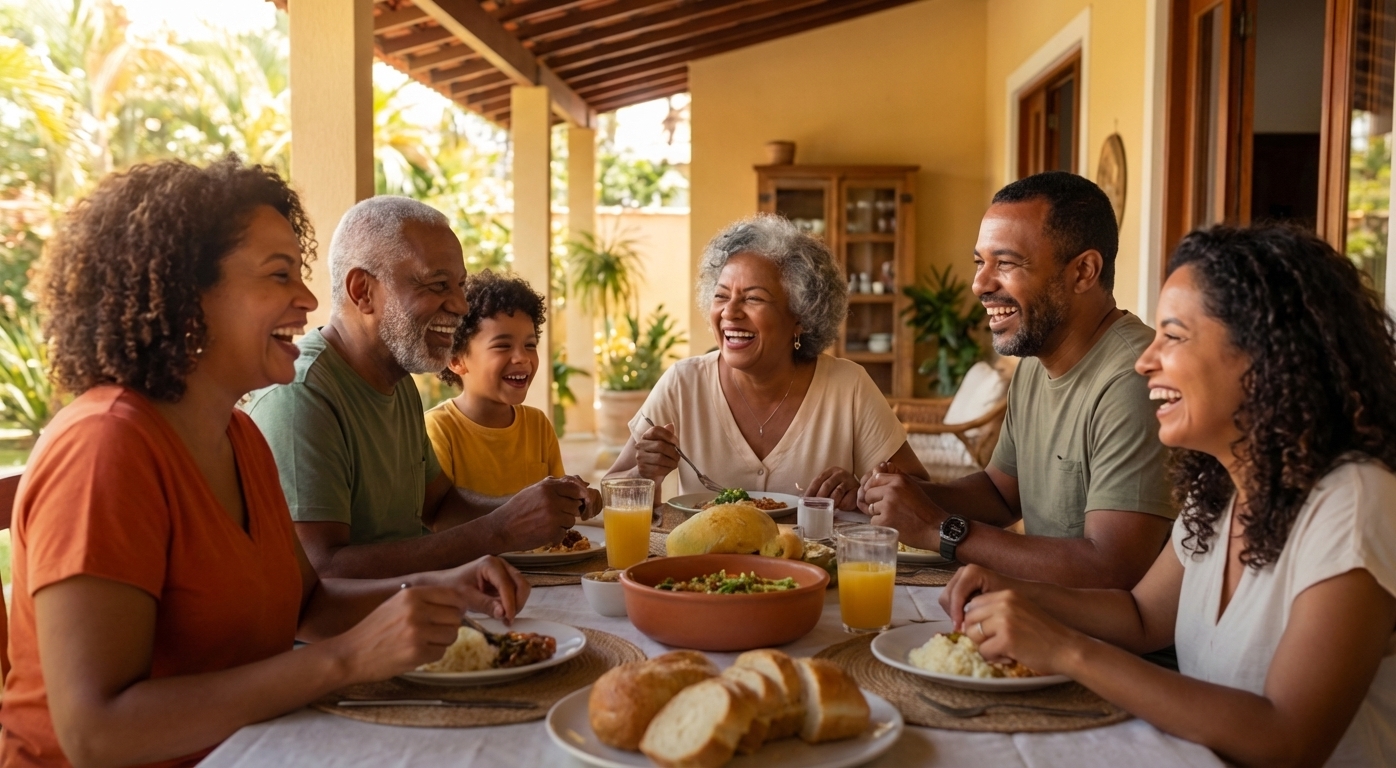 Familia reunida representando seguranca, uniao e futuro financeiro.